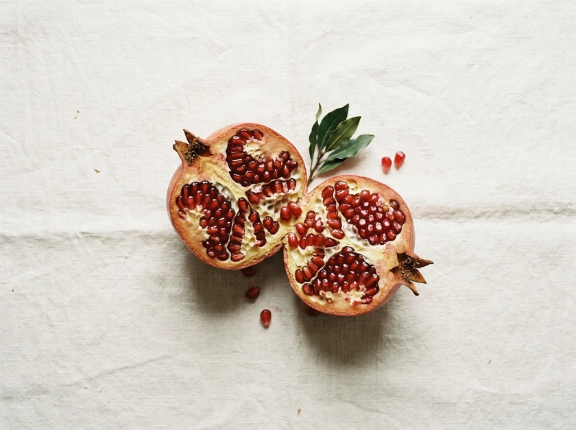 A split pomegranate with the seeds showing